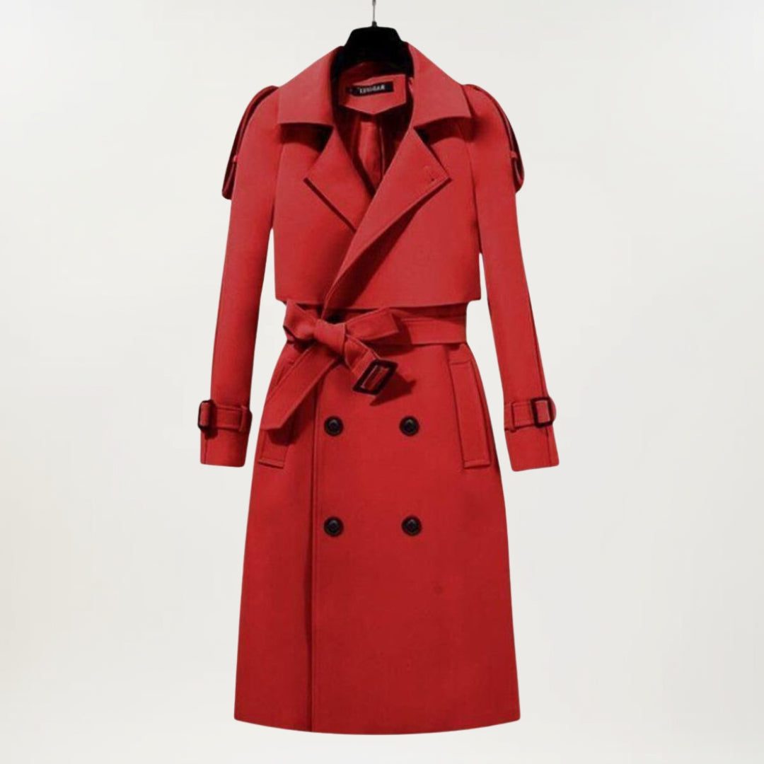 Longline Trench Coat with Double-Breasted Front, Belt and Buckled Cuffs for Women - Red