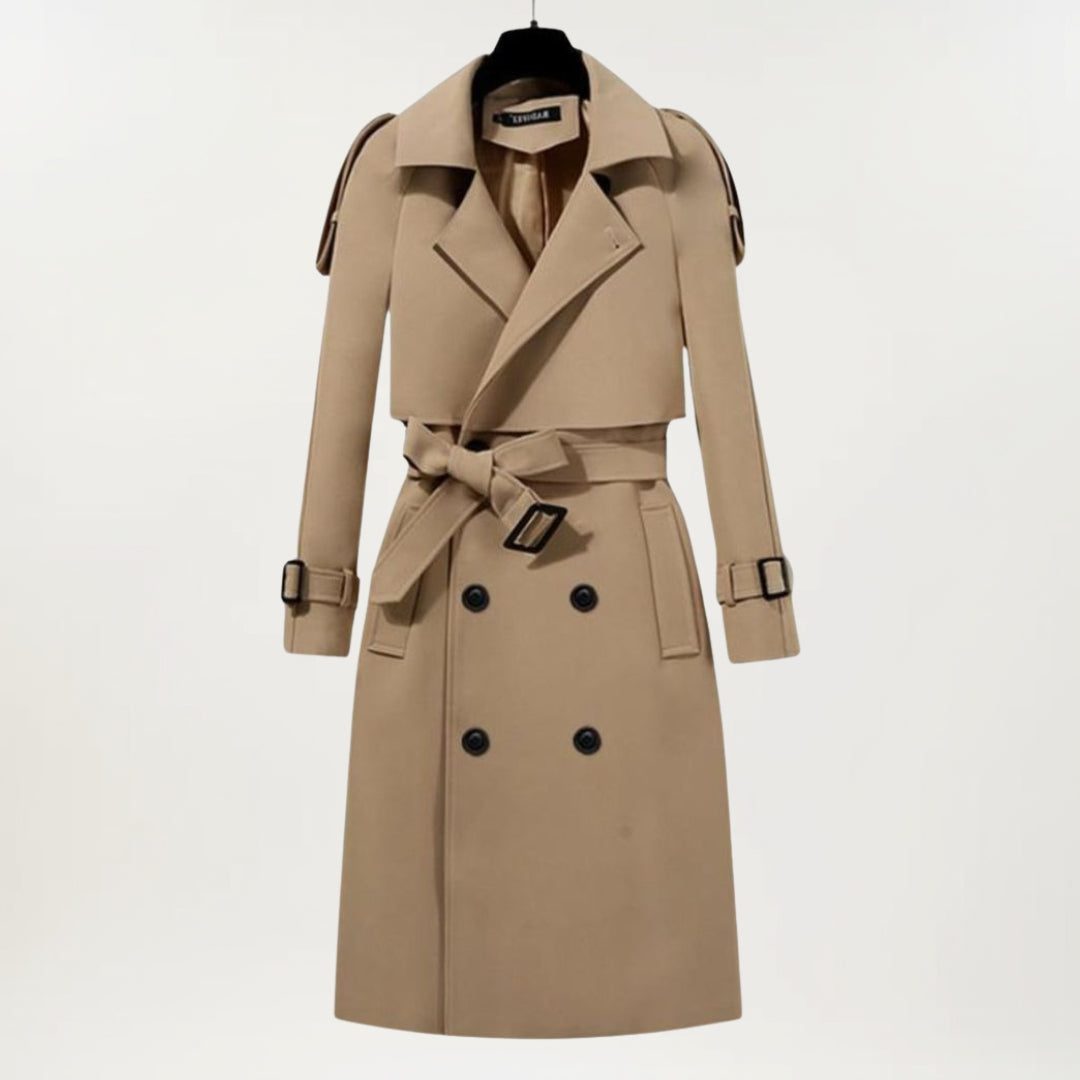 Longline Trench Coat with Double-Breasted Front, Belt and Buckled Cuffs for Women - Beige