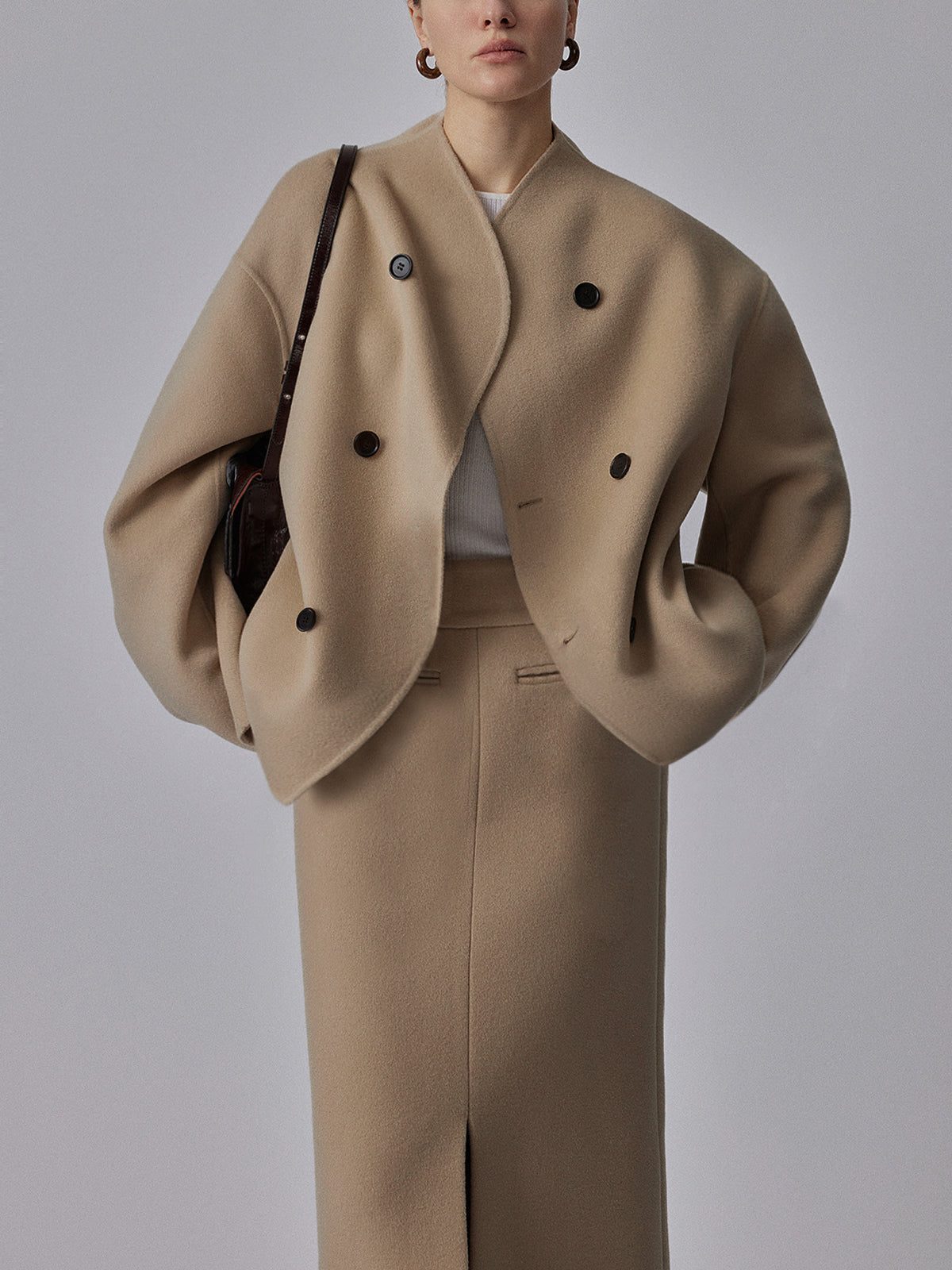 Double Breasted Stand Collar Pea Coat for Women - Khaki