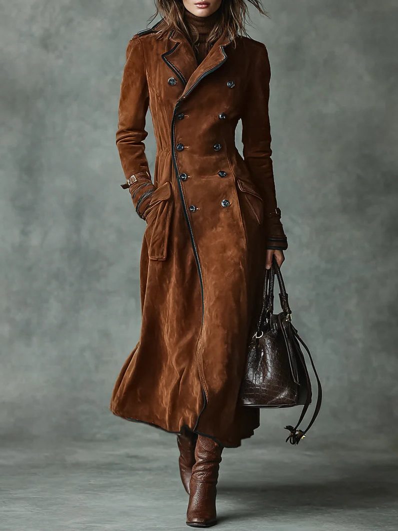 Double-Breasted Suede Long Coat with Lapel Collar for Women