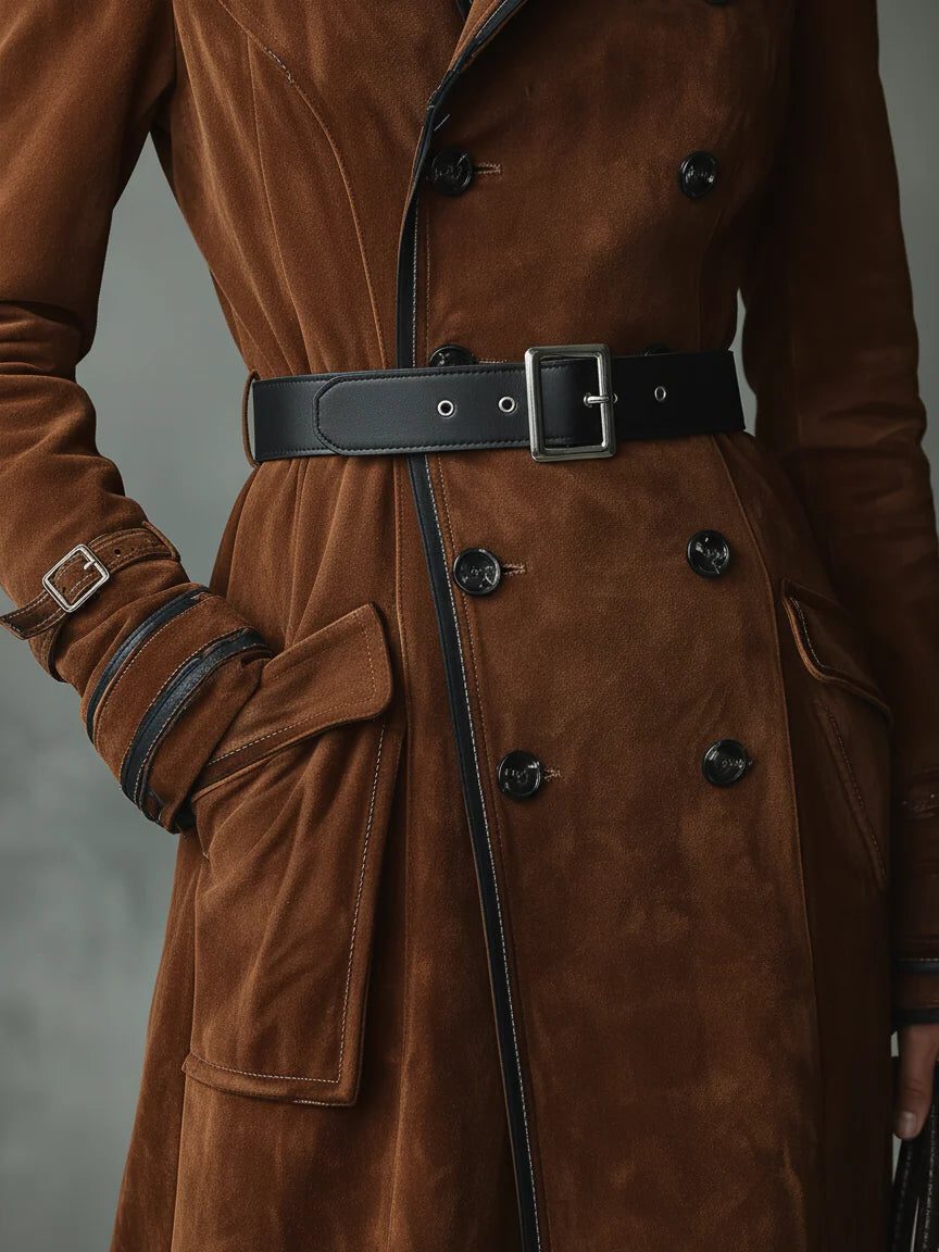 Double-Breasted Suede Long Coat with Lapel Collar for Women - View 2