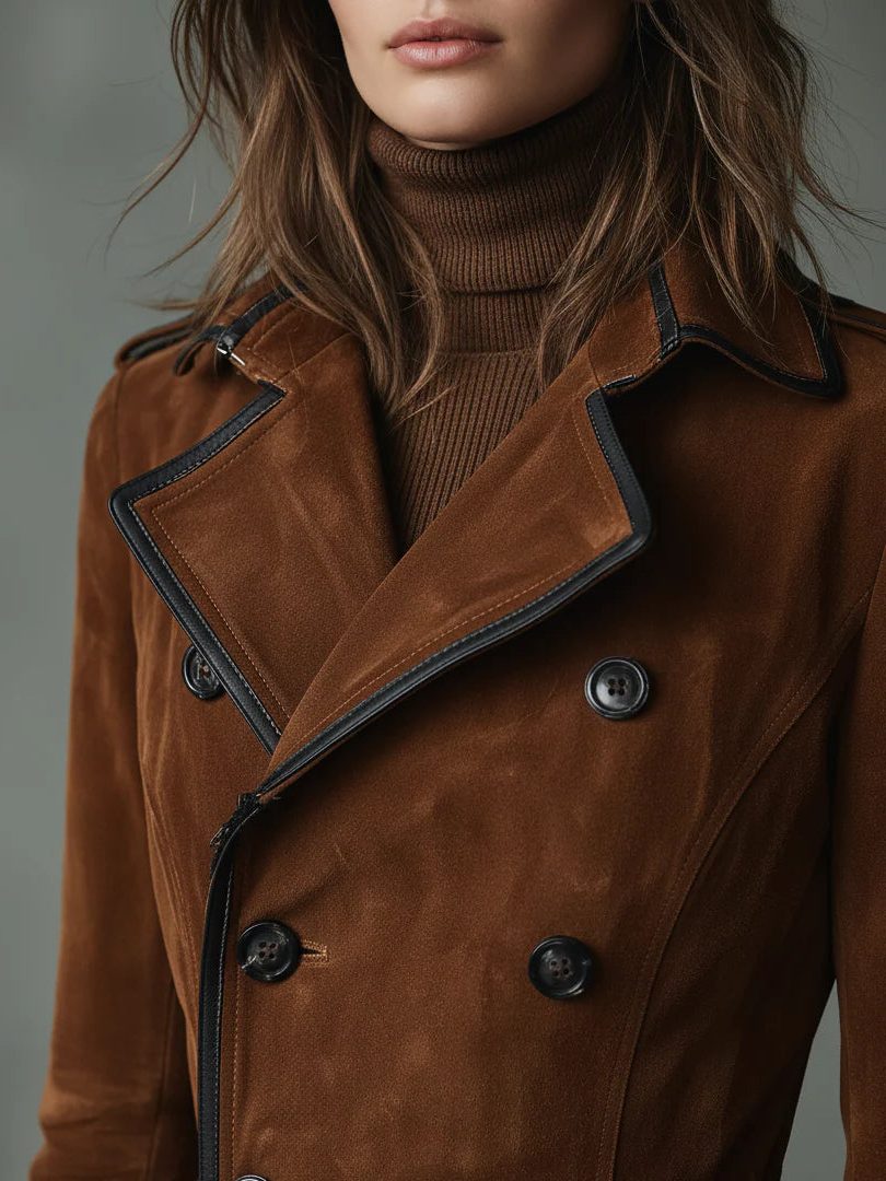 Double-Breasted Suede Long Coat with Lapel Collar for Women - View 3