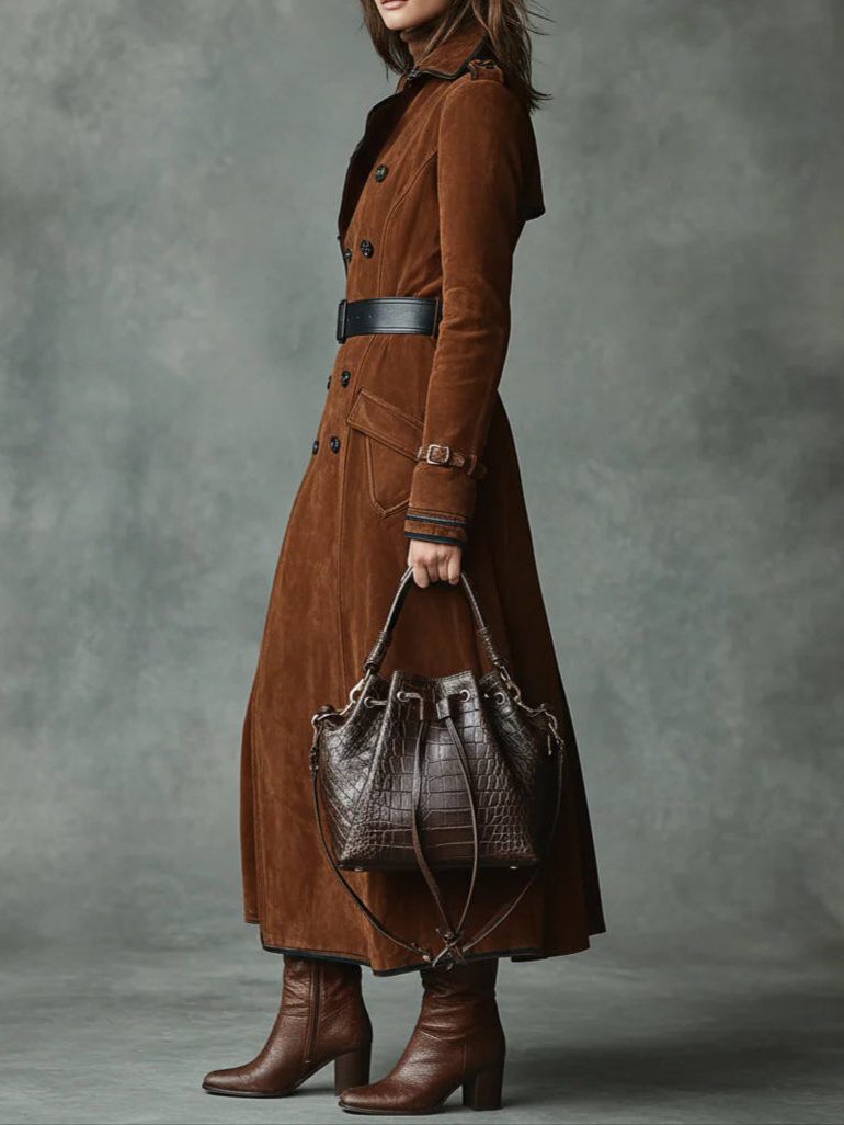 Double-Breasted Suede Long Coat with Lapel Collar for Women - View 4