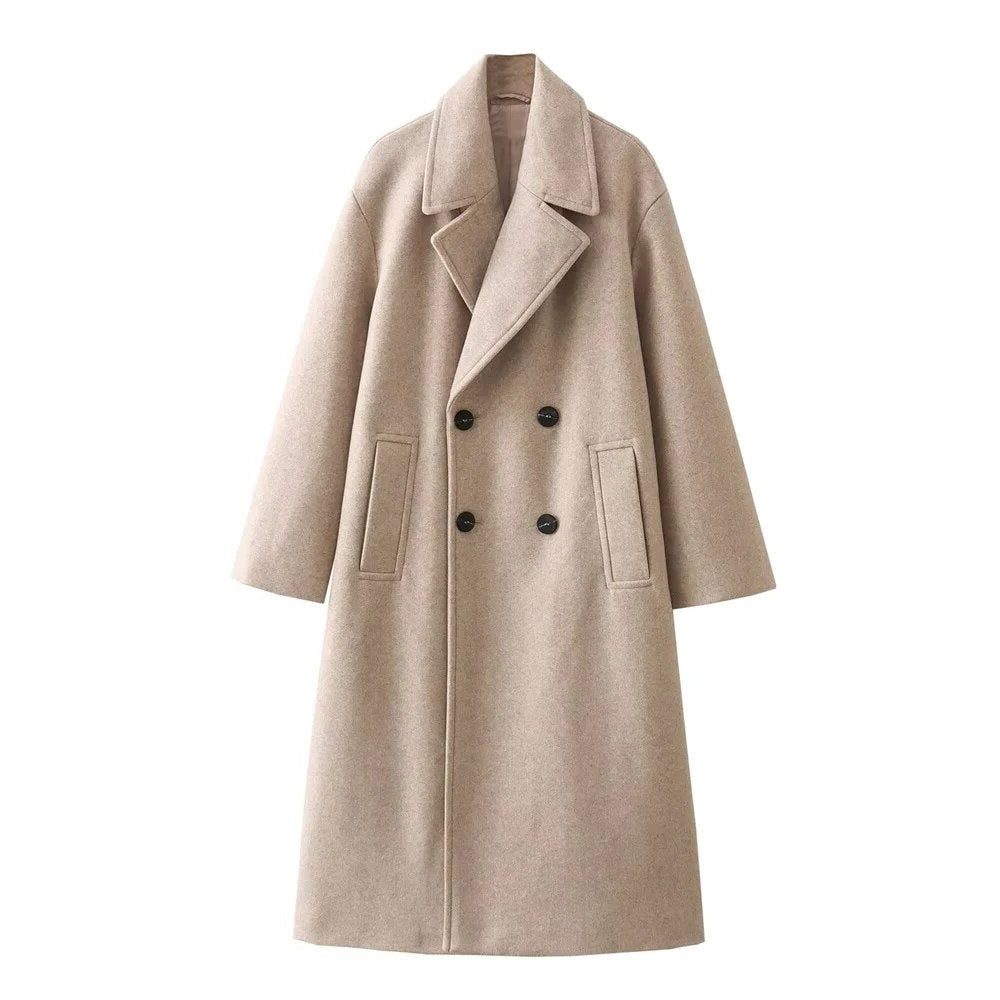 Double-Breasted Wool Overcoat for Women - Light Khaki
