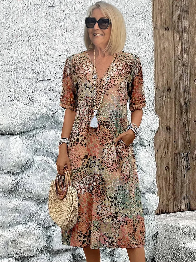 Floral Print V-Neck Midi Dress for Women