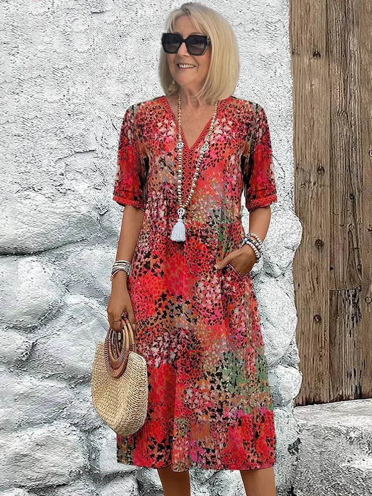 Floral Print V-Neck Midi Dress for Women