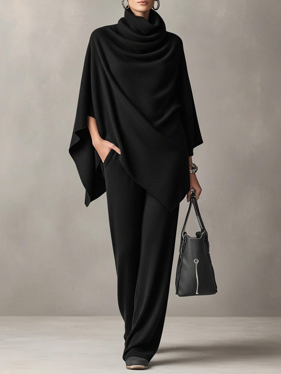 Draped Cowl Neck Poncho Top with Wide Leg Trousers Set for Women