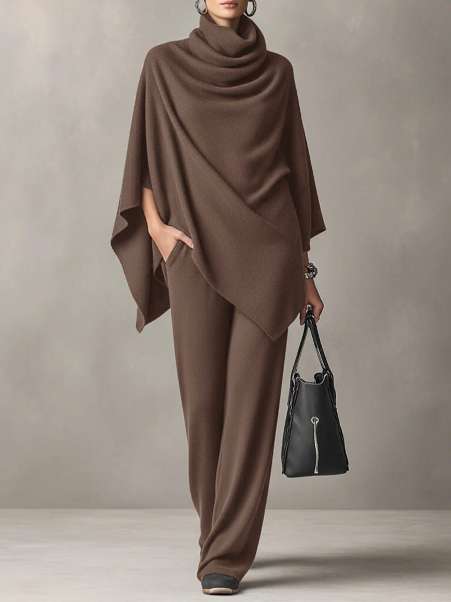 Draped Cowl Neck Poncho Top with Wide Leg Trousers Set for Women - Brown