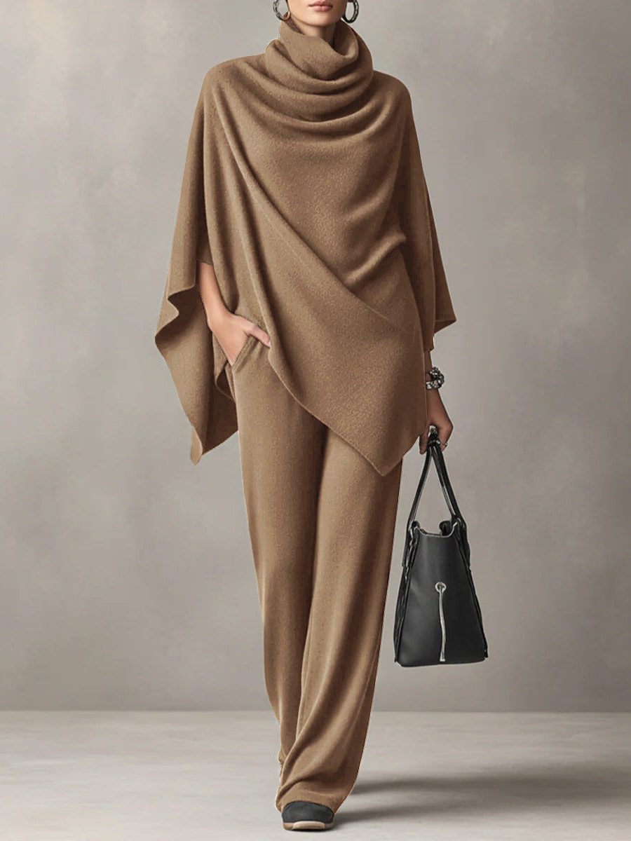 Draped Cowl Neck Poncho Top with Wide Leg Trousers Set for Women - Khaki