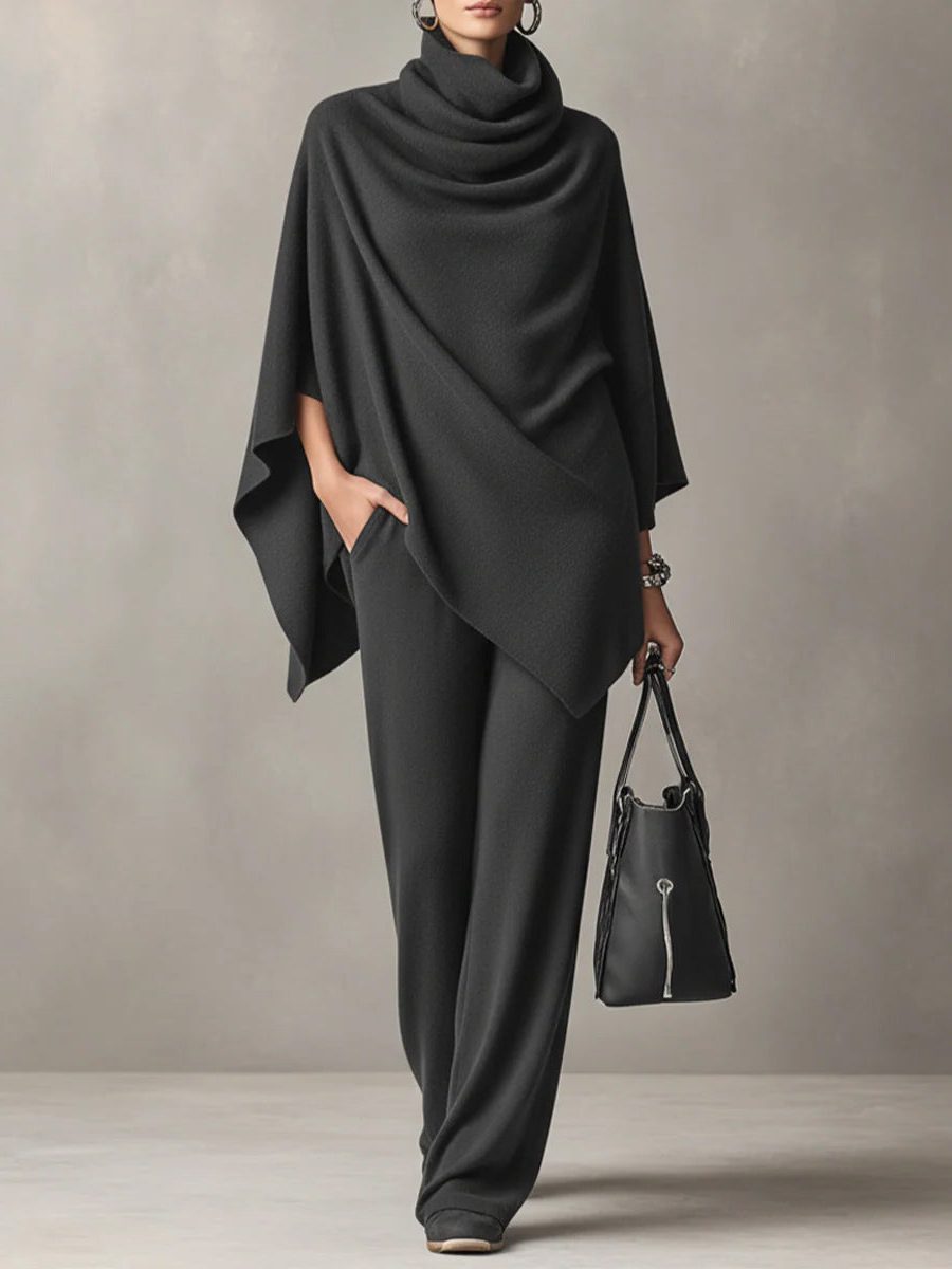 Draped Cowl Neck Poncho Top with Wide Leg Trousers Set for Women - Gray
