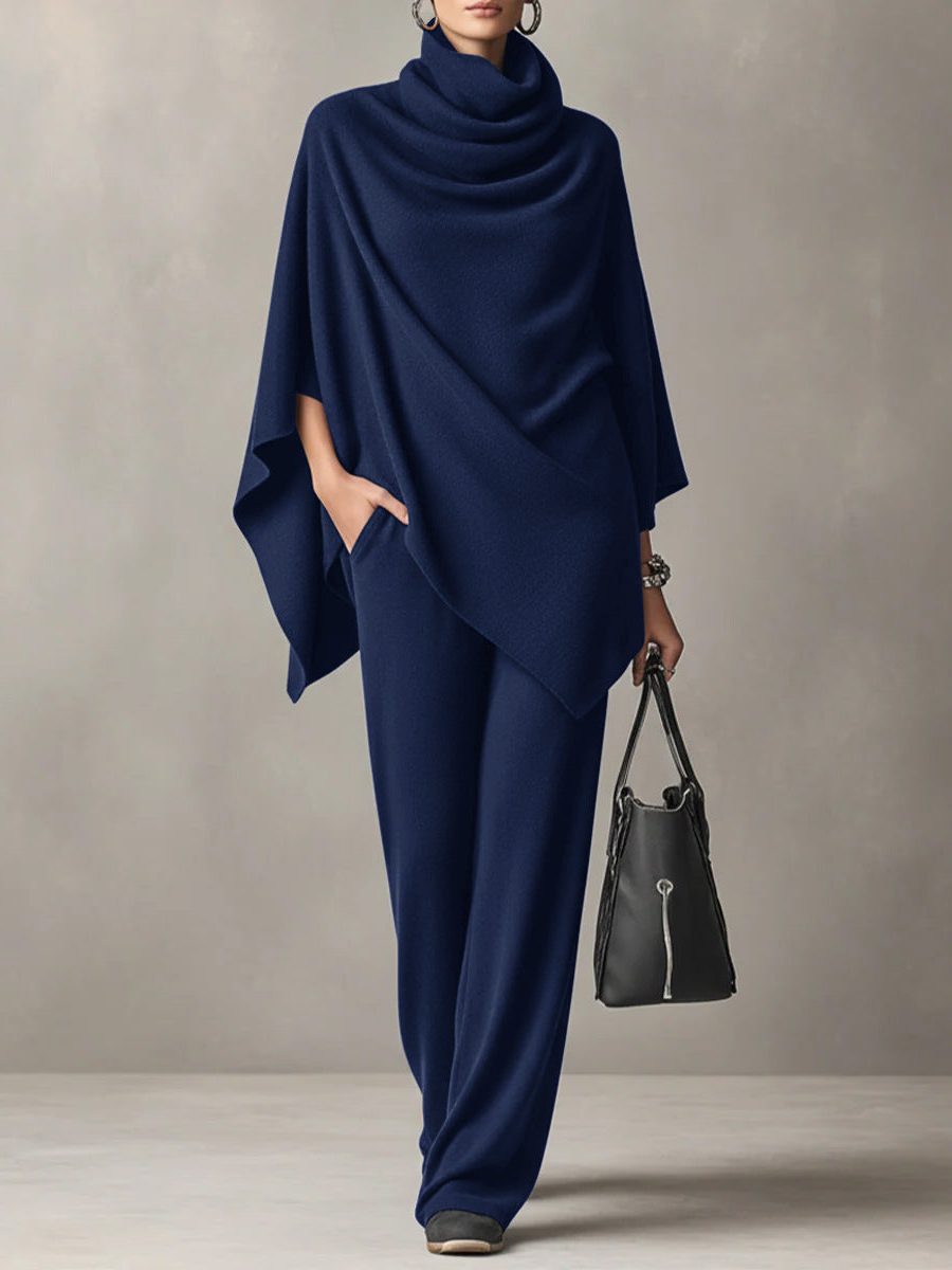 Draped Cowl Neck Poncho Top with Wide Leg Trousers Set for Women - Navy