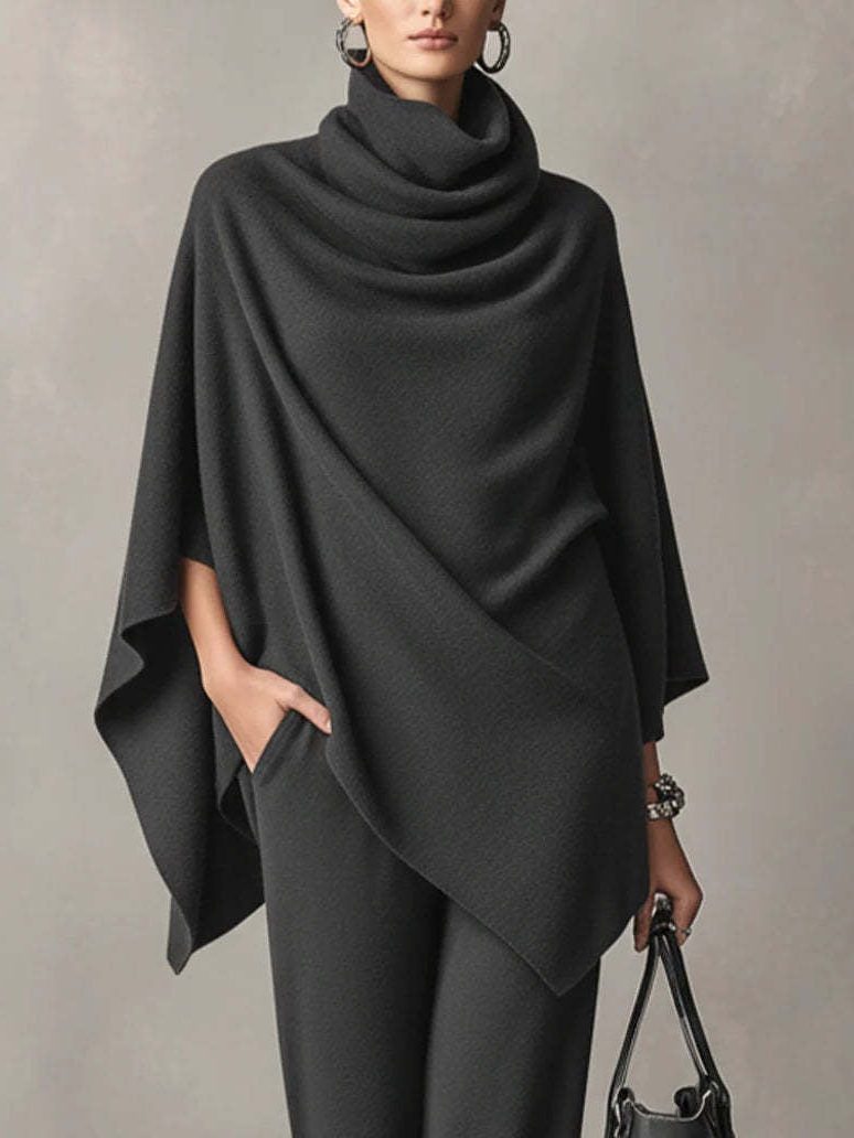Draped Cowl Neck Poncho Top with Wide Leg Trousers Set for Women - View 6