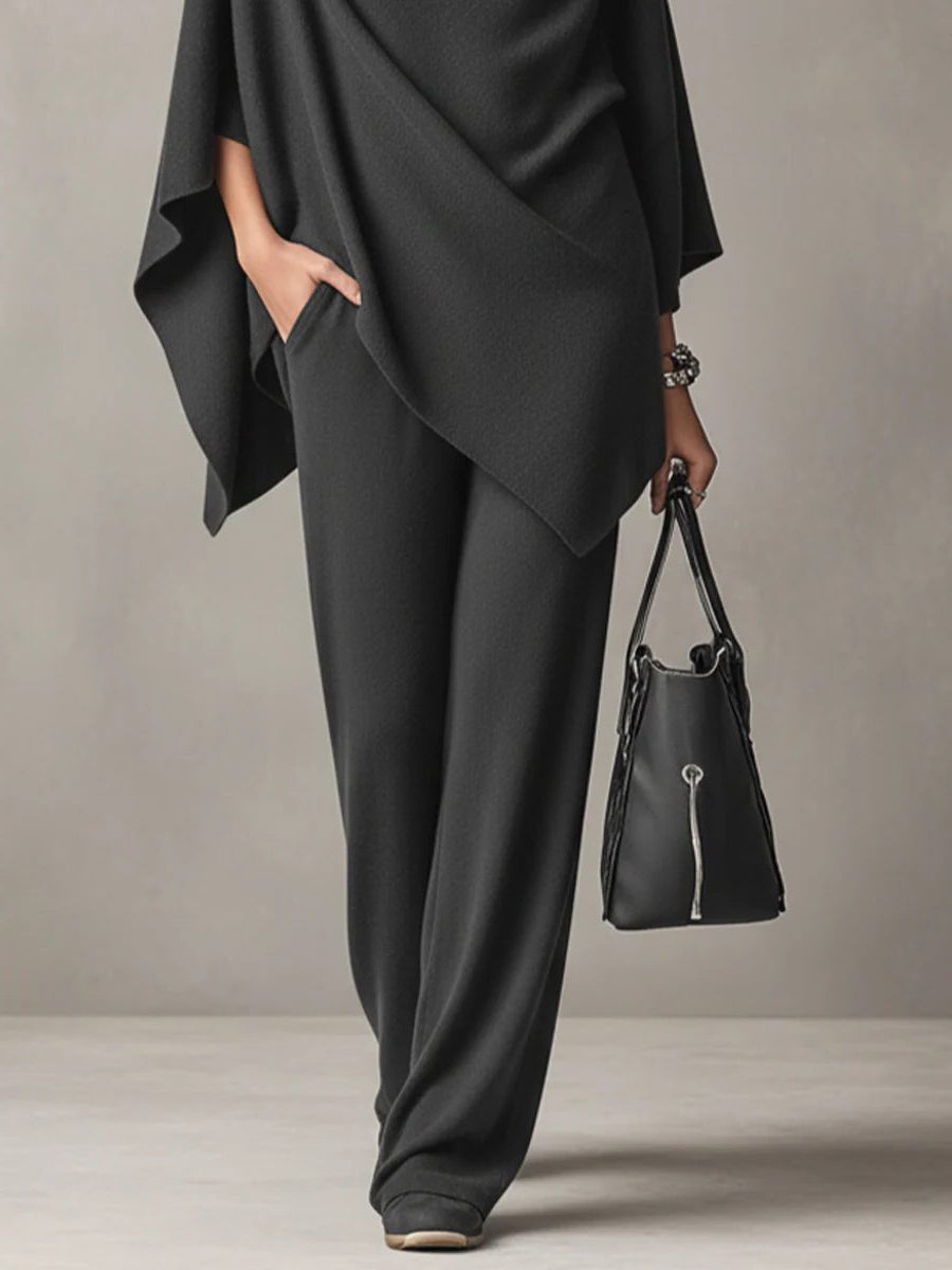 Draped Cowl Neck Poncho Top with Wide Leg Trousers Set for Women - View 7
