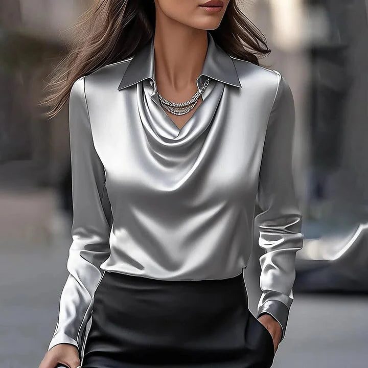 Draped Cowl Neck Satin Blouse for Women - Grey