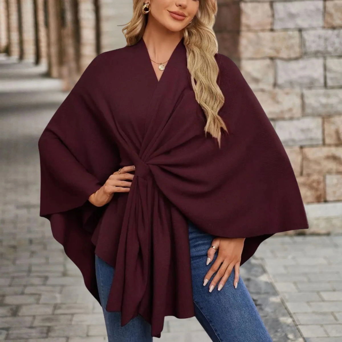 Draped Poncho with Front Knot for Women - Maroon