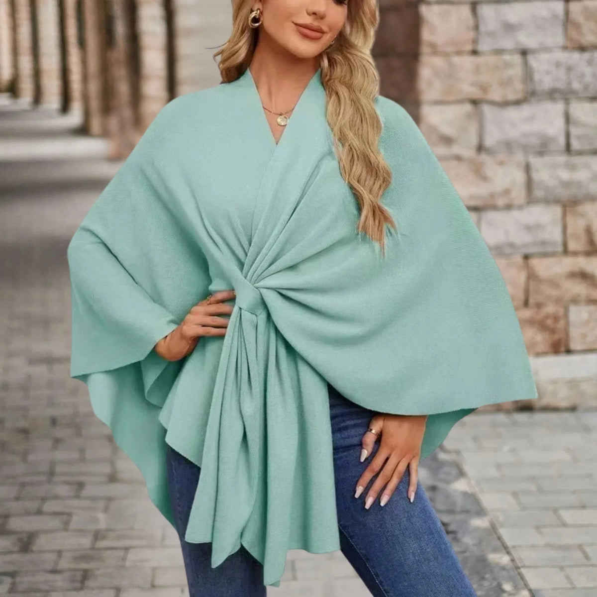 Draped Poncho with Front Knot for Women - Light Green