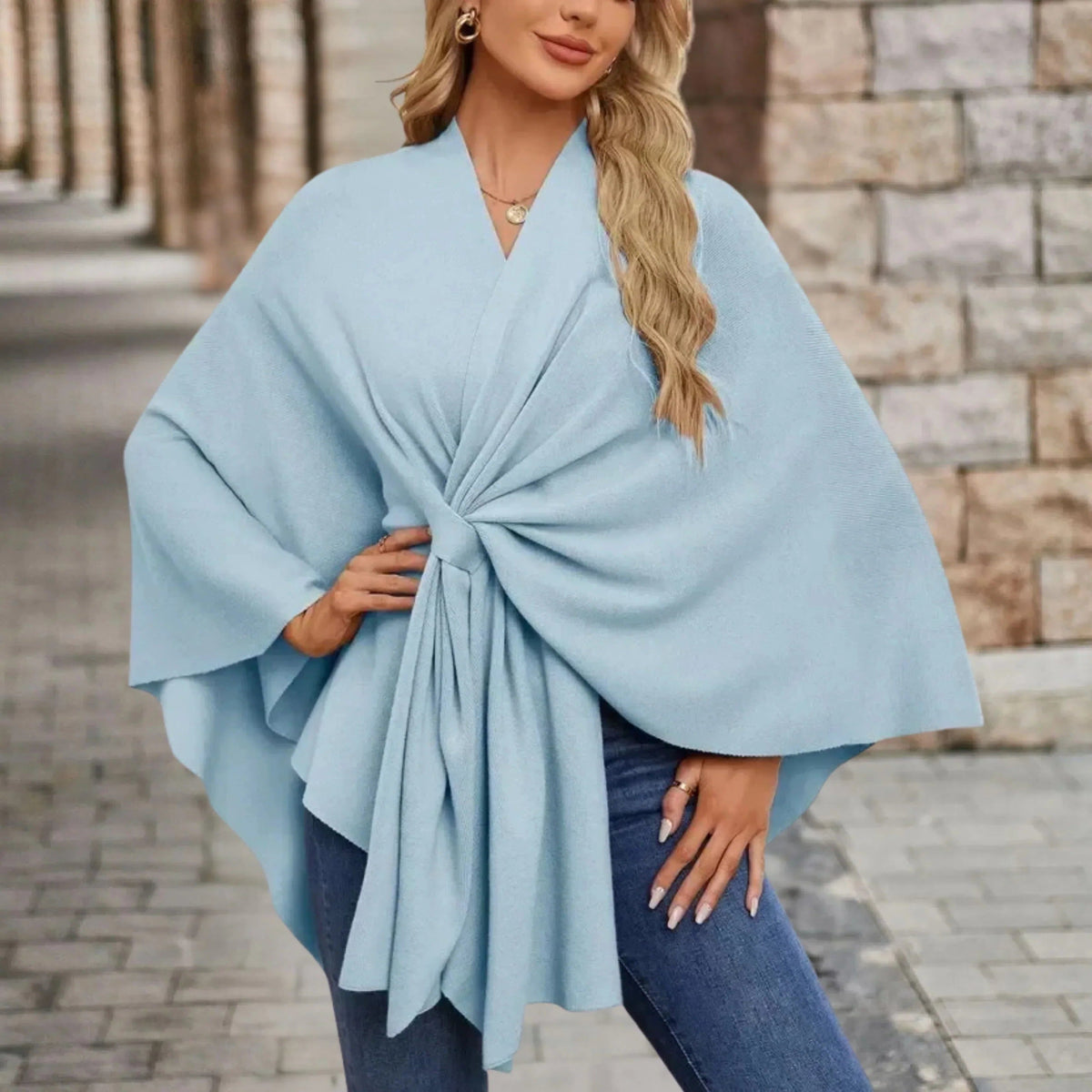 Draped Poncho with Front Knot for Women - Sky Blue