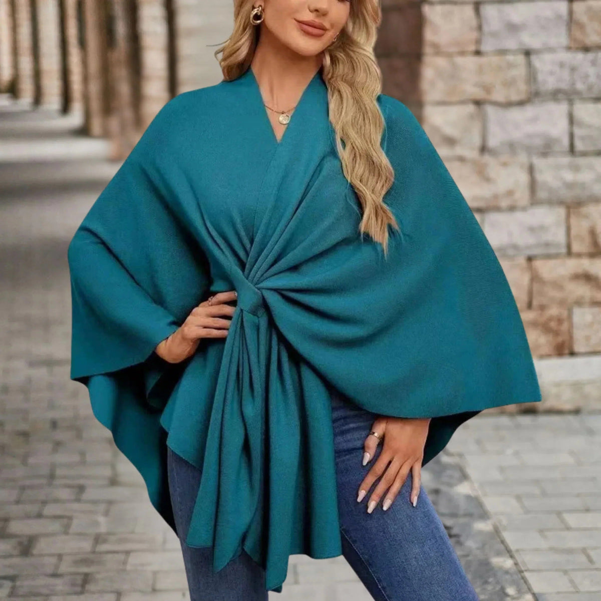 Draped Poncho with Front Knot for Women - Dark Green