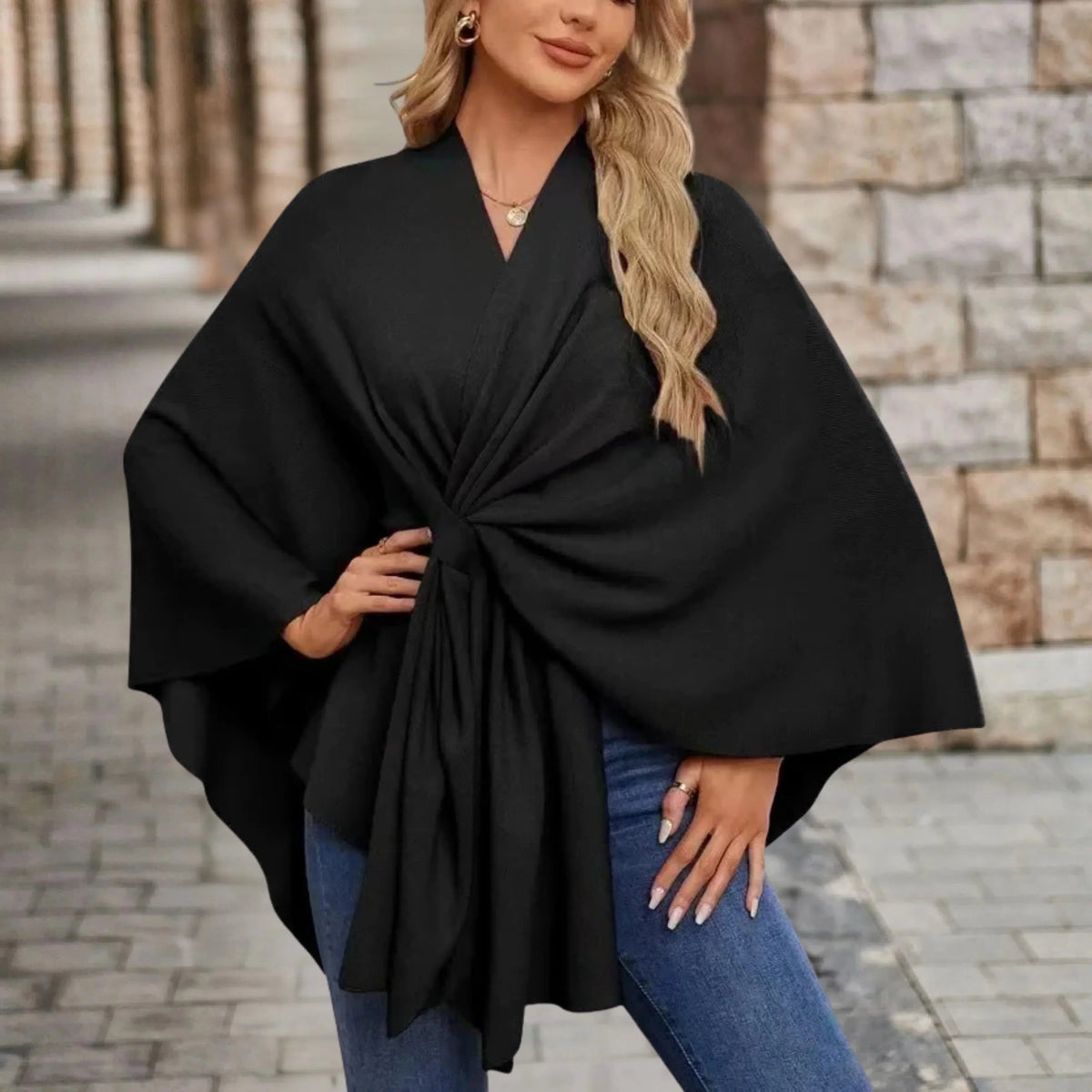 Draped Poncho with Front Knot for Women - Black