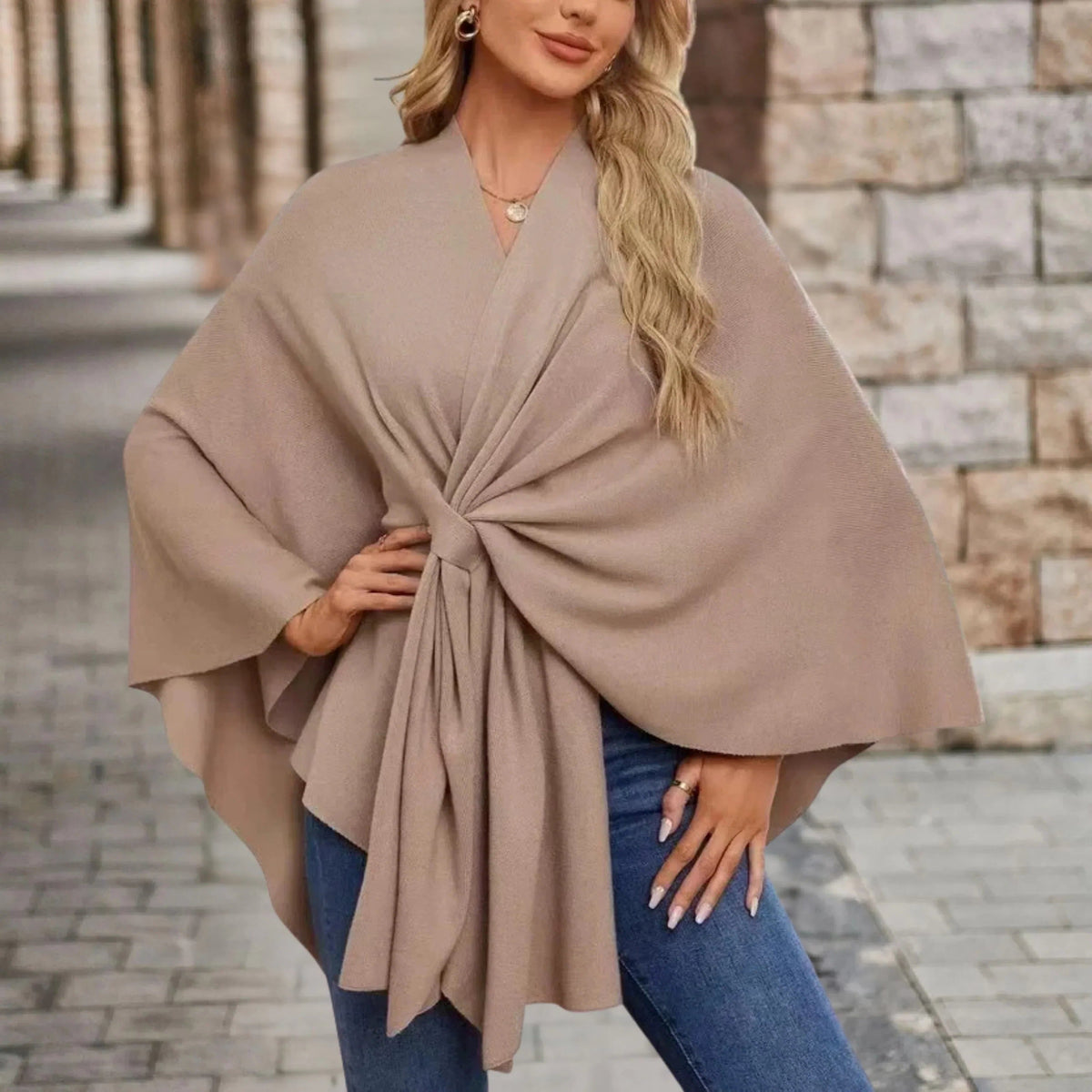 Draped Poncho with Front Knot for Women - Beige