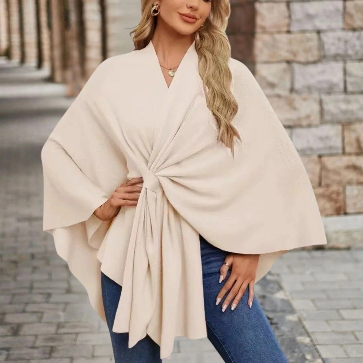 Draped Poncho with Front Knot for Women - Cream
