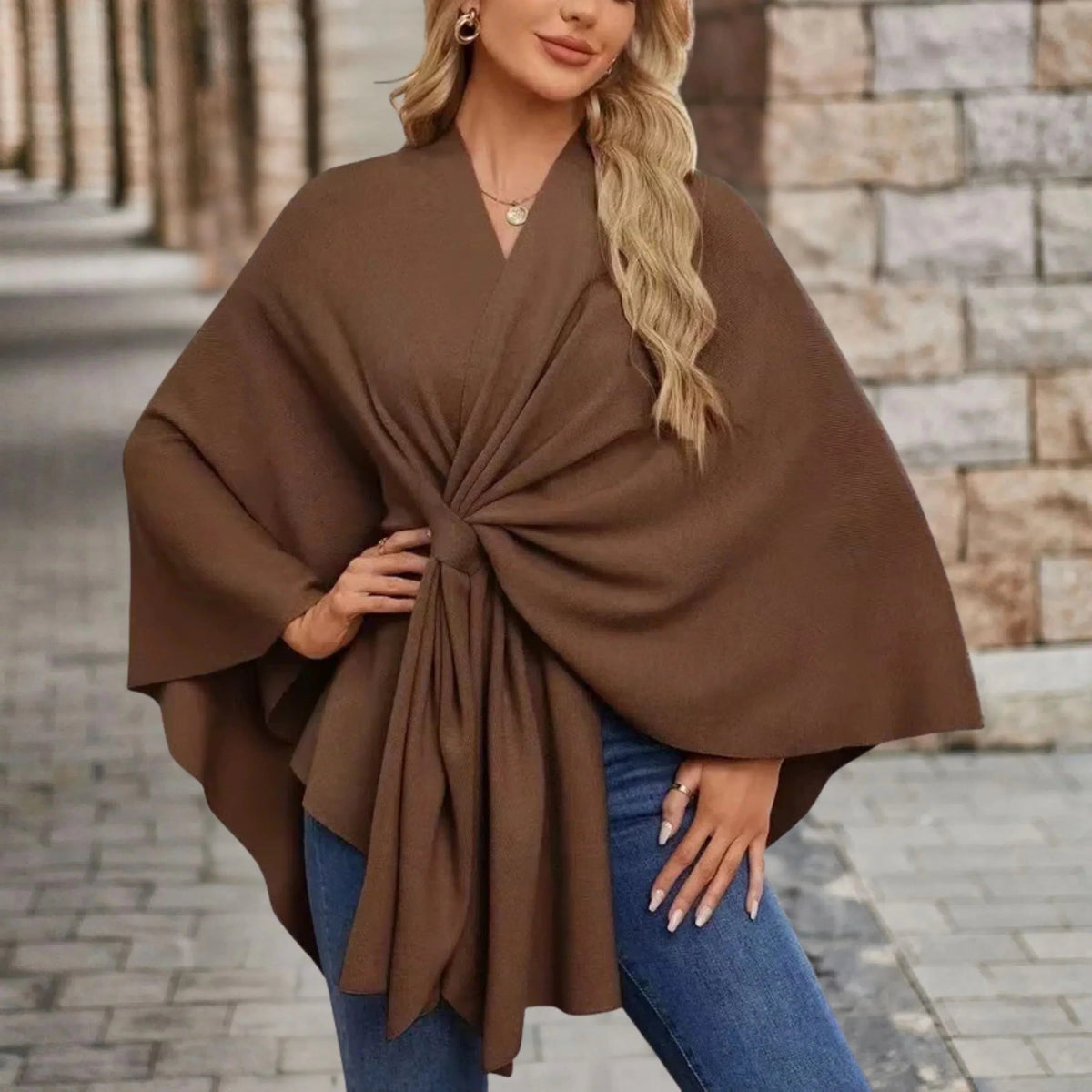 Draped Poncho with Front Knot for Women - Brown