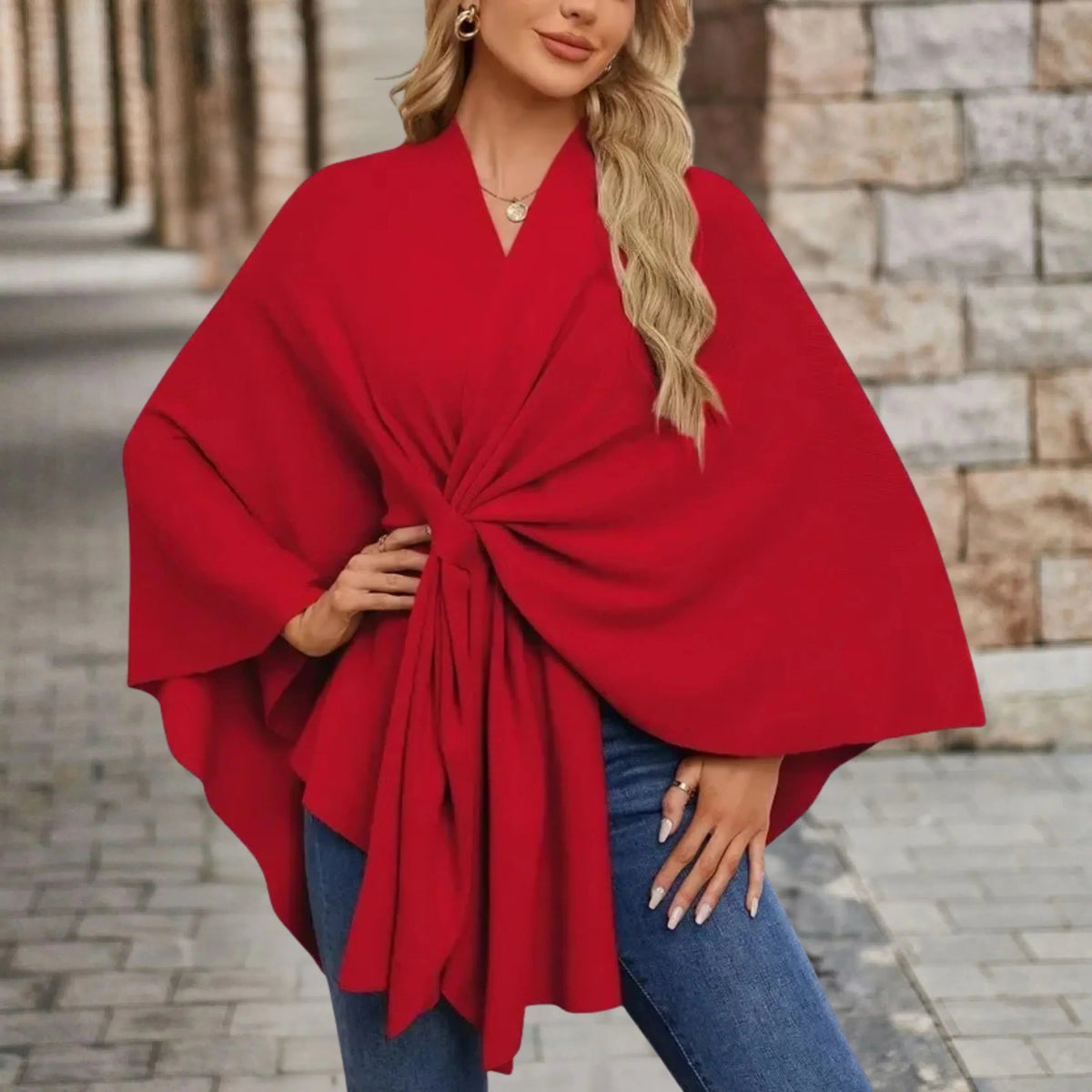 Draped Poncho with Front Knot for Women - Red