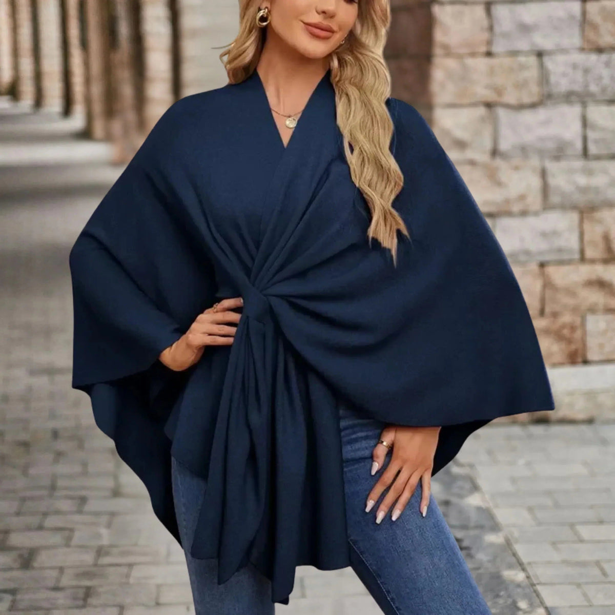 Draped Poncho with Front Knot for Women - Dark Blue