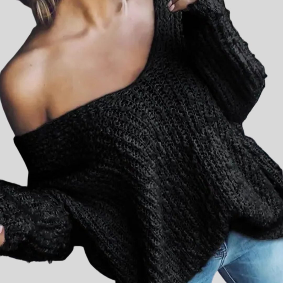 Drop Shoulder Long Sleeve Sweater for Women - Black