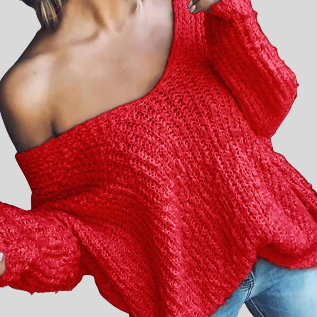 Drop Shoulder Long Sleeve Sweater for Women - Red