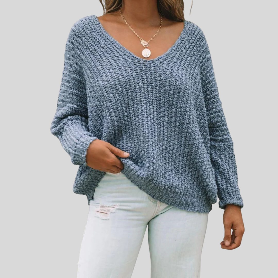 Drop Shoulder Ribbed Knit Sweater for Women - Blue