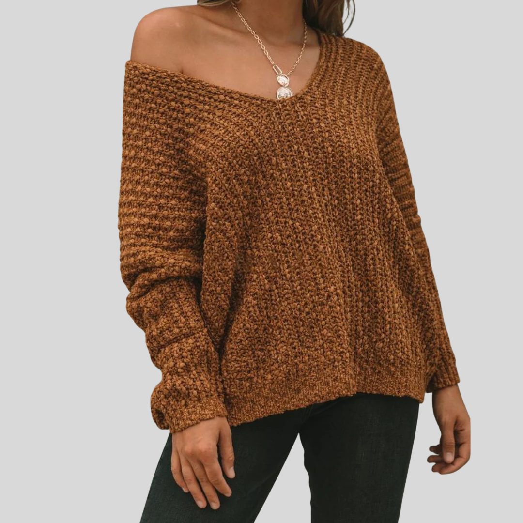 Drop Shoulder Ribbed Knit Sweater for Women - Brown