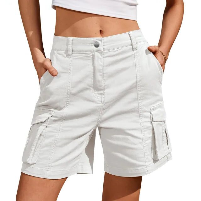 Elastic Waist Cargo Shorts with Pockets for Women - White