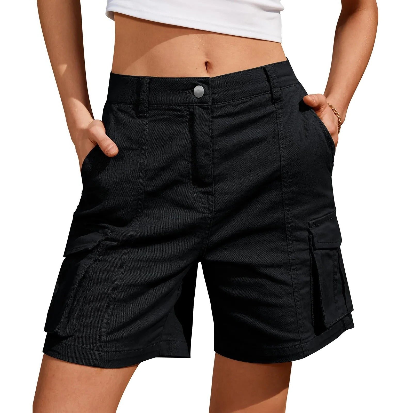 Elastic Waist Cargo Shorts with Pockets for Women - View 4