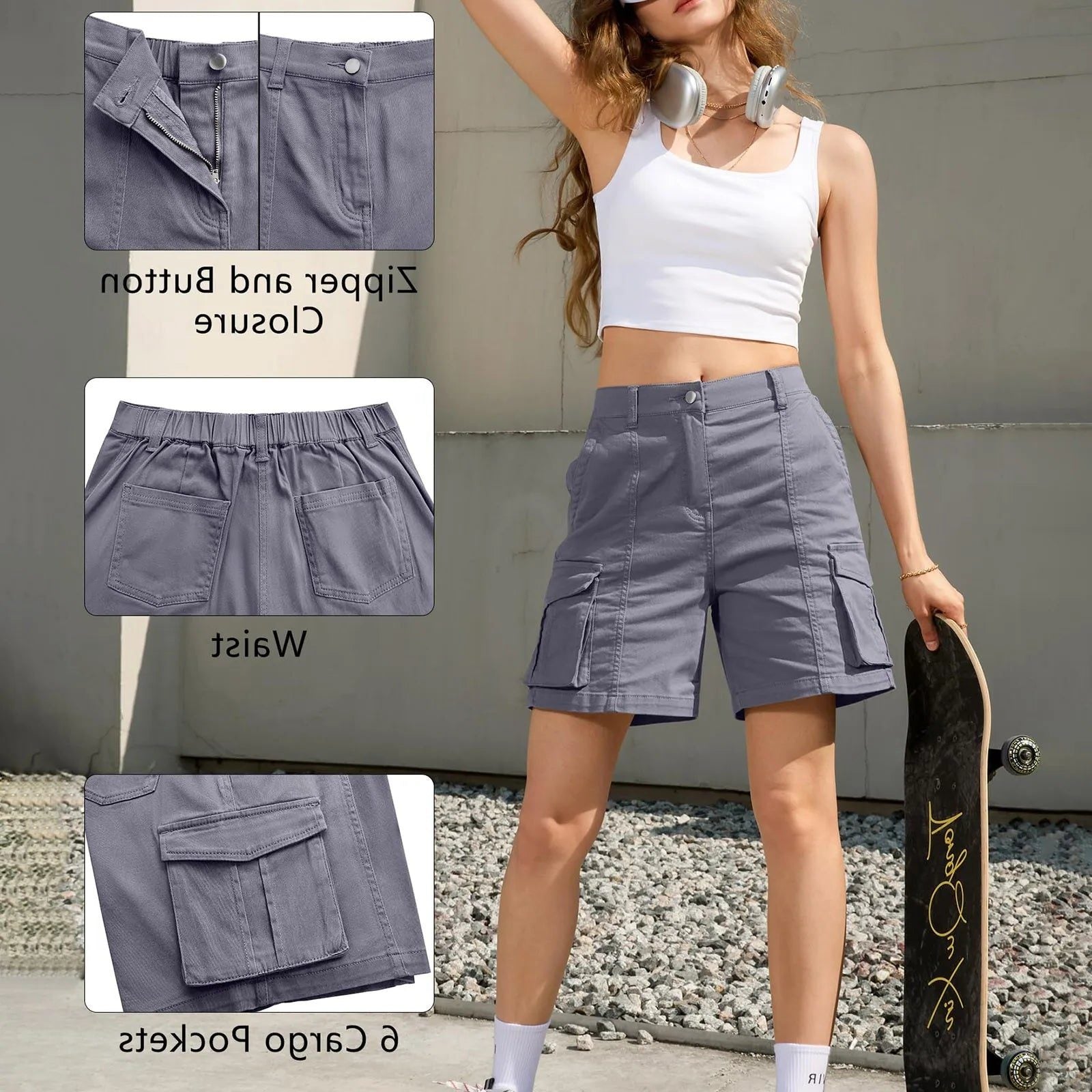 Elastic Waist Cargo Shorts with Pockets for Women - View 5