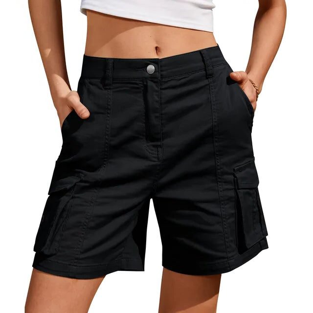 Elastic Waist Cargo Shorts with Pockets for Women - Black