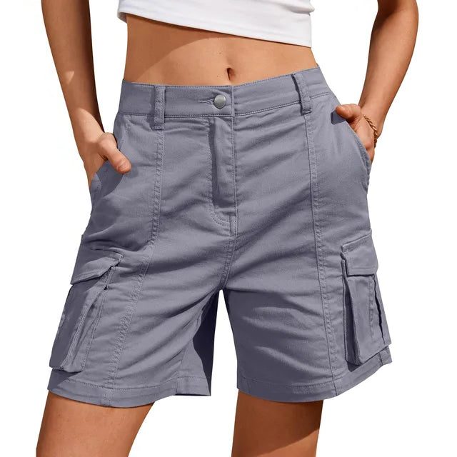 Elastic Waist Cargo Shorts with Pockets for Women - Gray