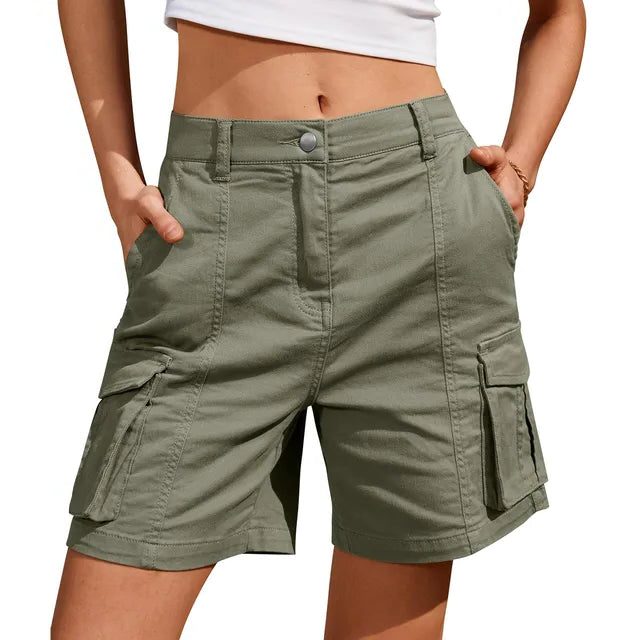 Elastic Waist Cargo Shorts with Pockets for Women - Army green