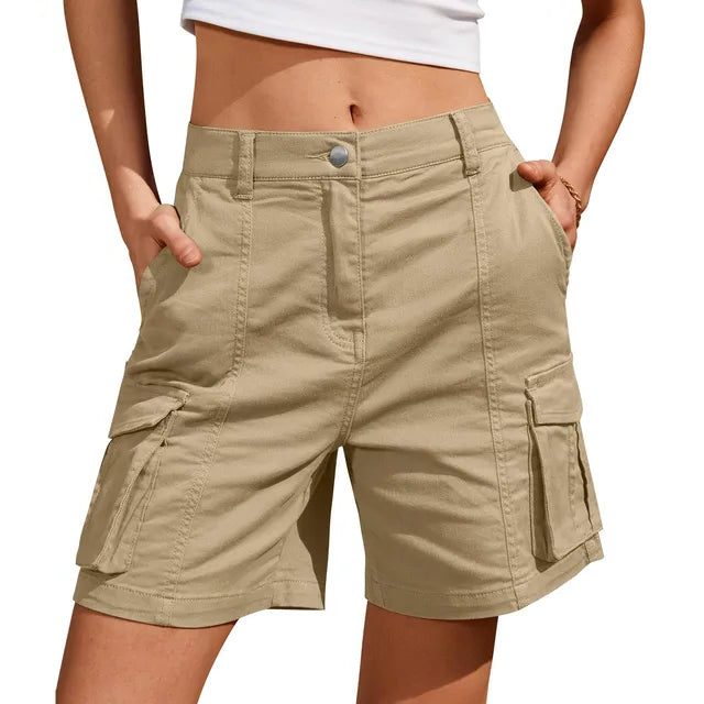 Elastic Waist Cargo Shorts with Pockets for Women - Khaki