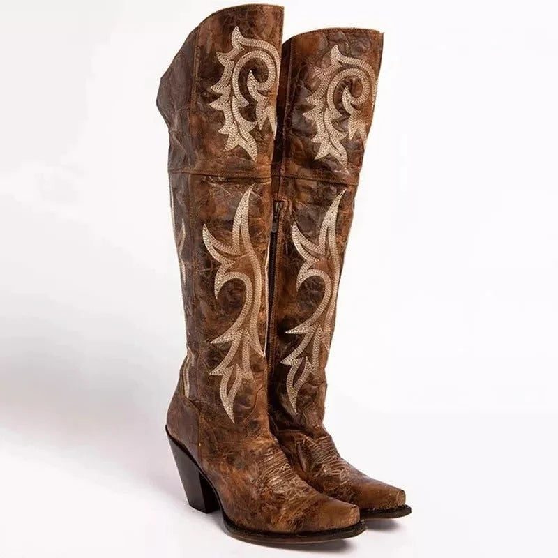Embroidered Leather Pointed Toe Western Knee High Boots for Women - Brown