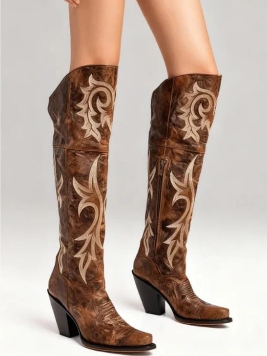 Embroidered Leather Pointed Toe Western Knee High Boots for Women
