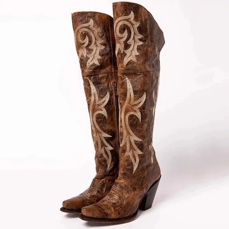 Embroidered Leather Pointed Toe Western Knee High Boots for Women - View 4