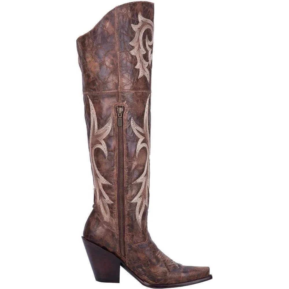 Embroidered Leather Pointed Toe Western Knee High Boots for Women - View 5