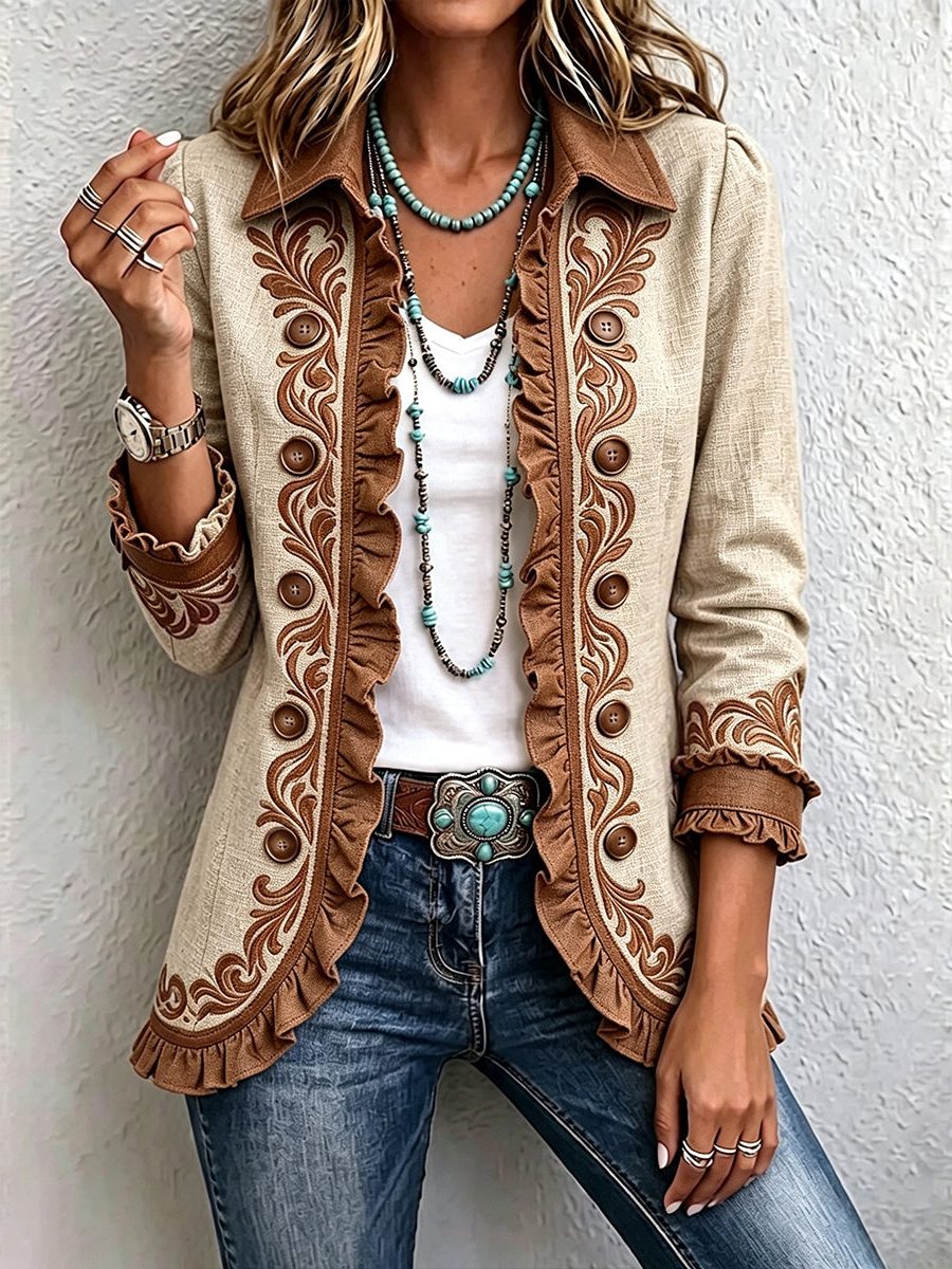 Embroidered Ruffle Trim Button-Front Jacket for Women