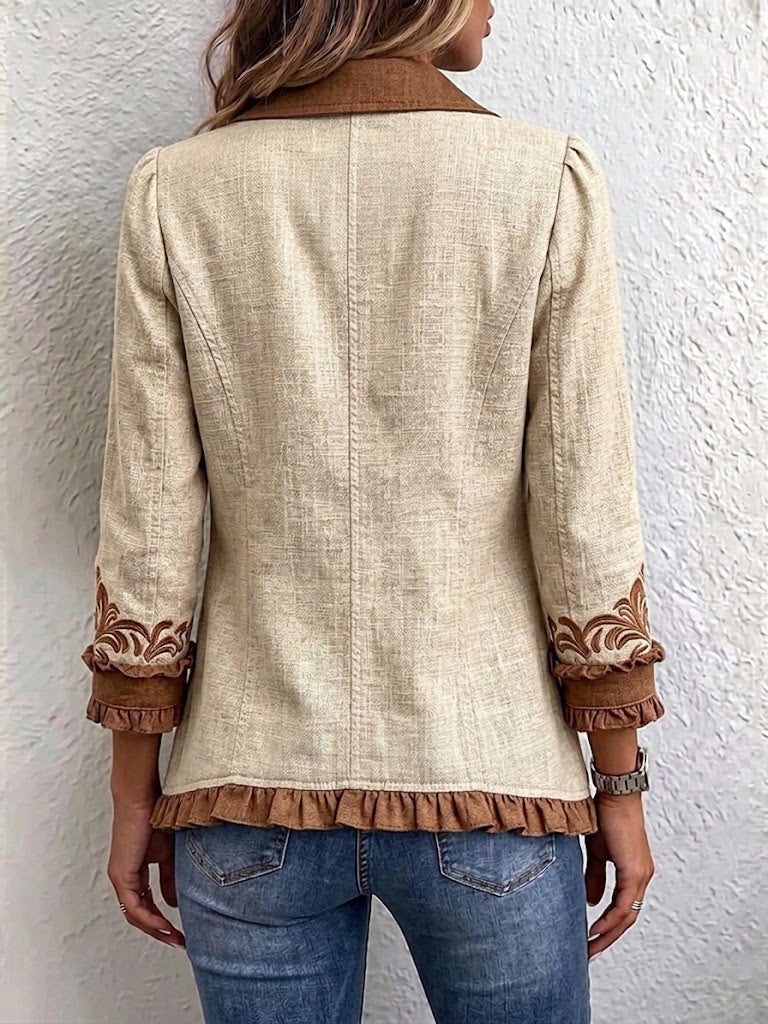 Embroidered Ruffle Trim Button-Front Jacket for Women