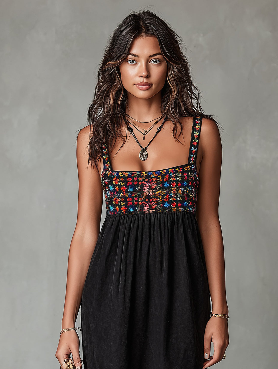 Embroidered Square Neck Midi Dress for Women