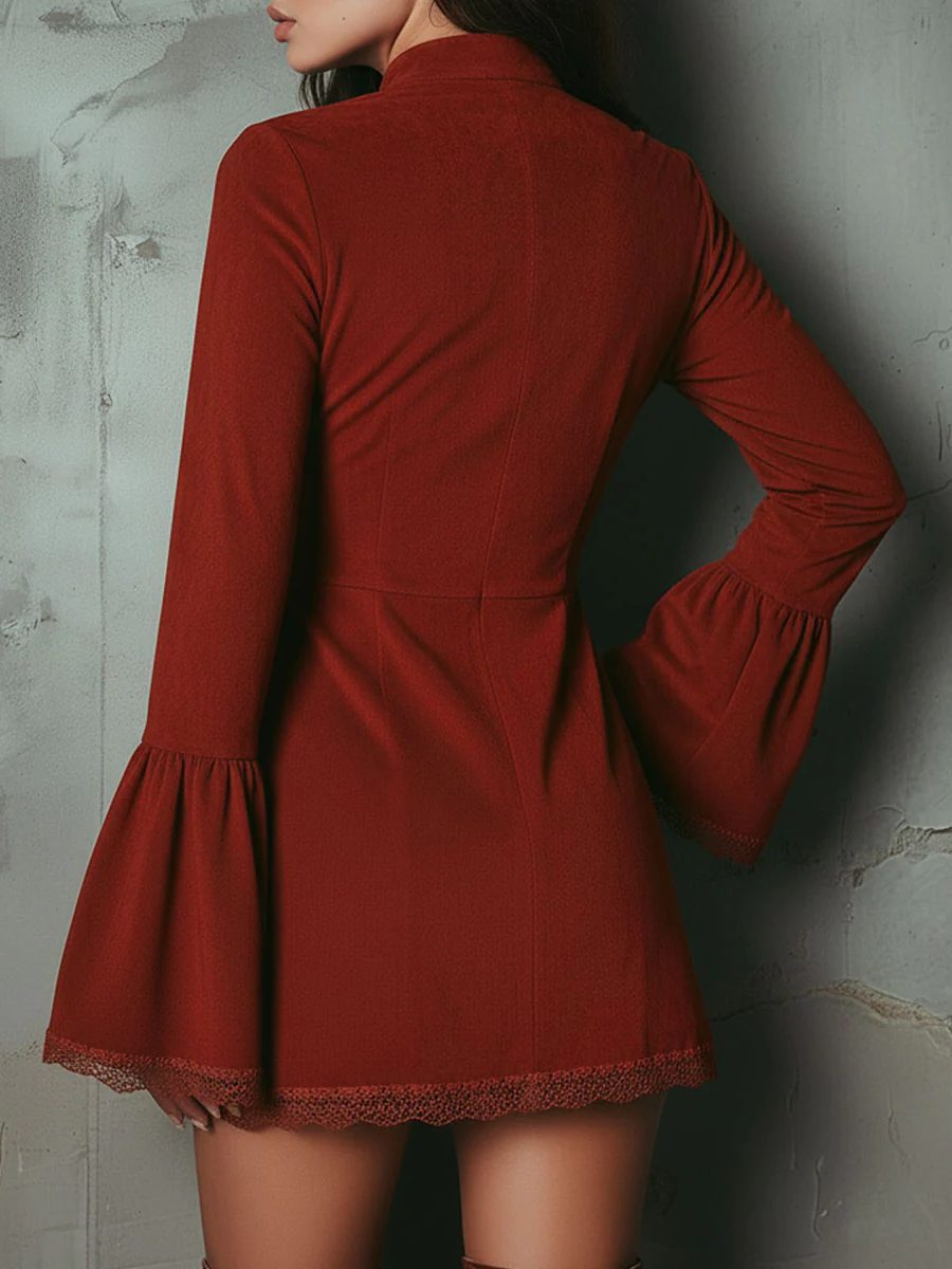 Embroidered Suede Bell Sleeve Mini Dress for Women - View 3