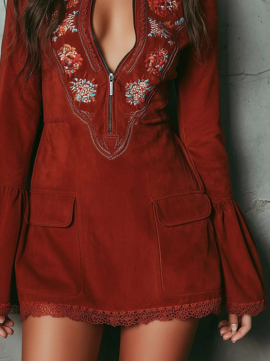 Embroidered Suede Bell Sleeve Mini Dress for Women - View 7