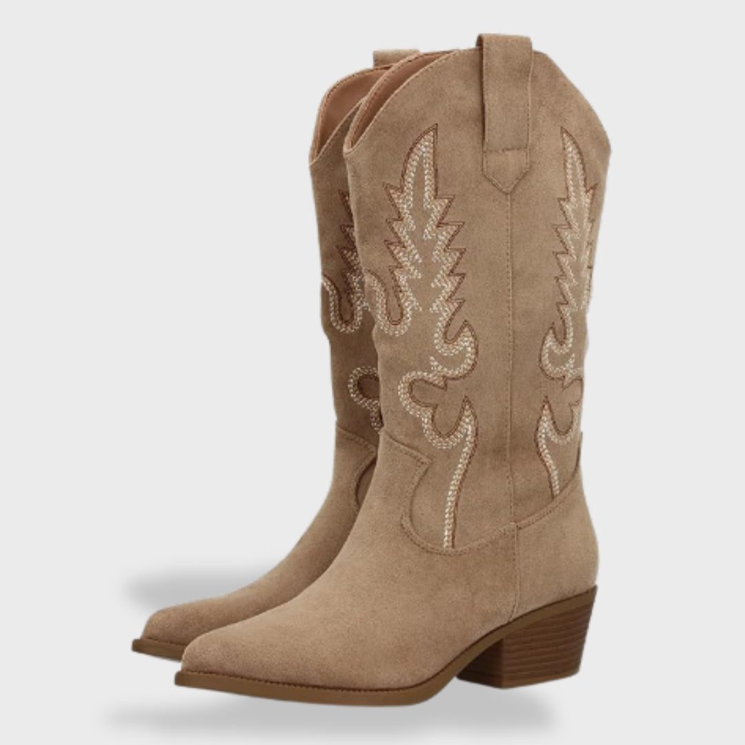 Embroidered Suede Cowboy Boots for Women - Khaki
