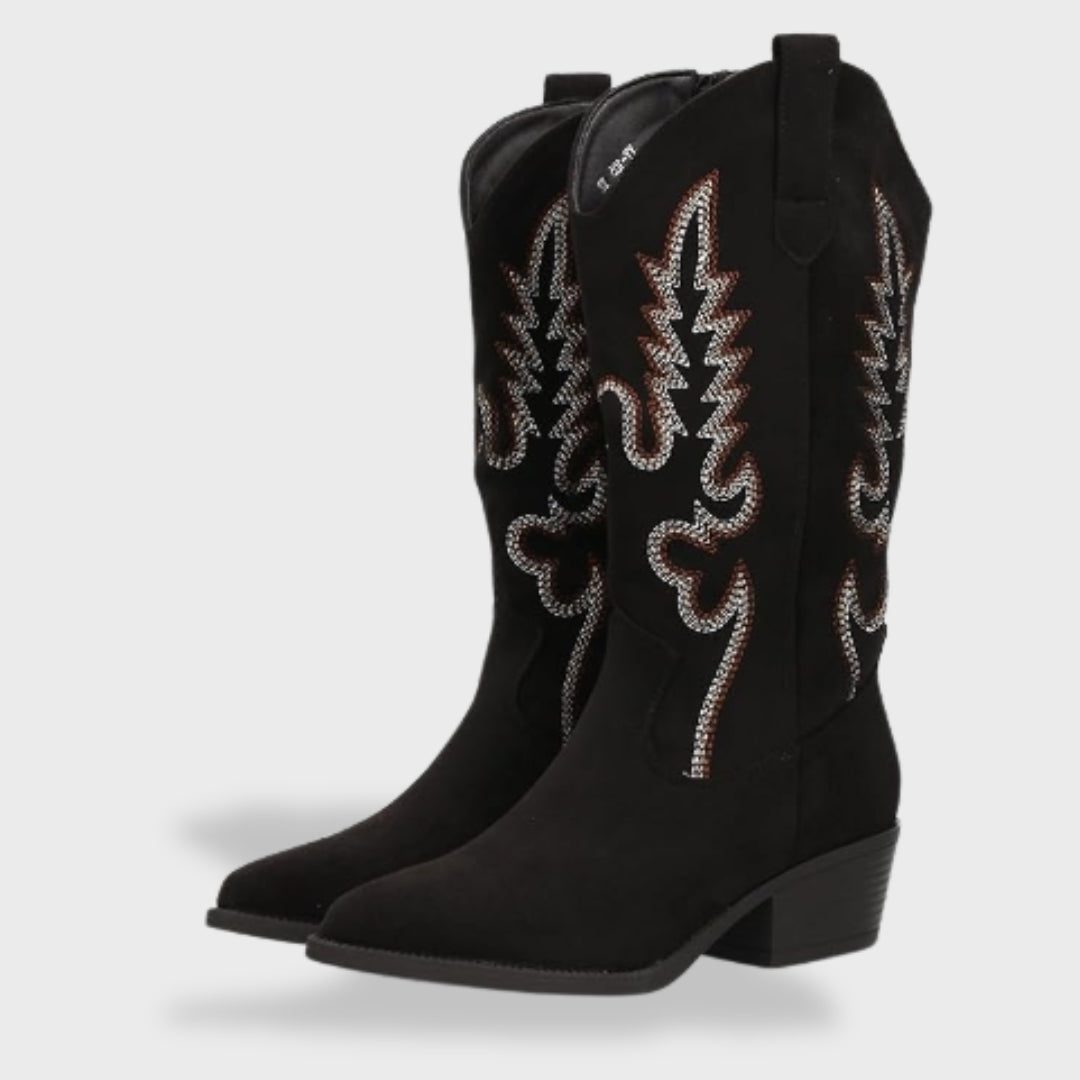 Embroidered Suede Cowboy Boots for Women - Black